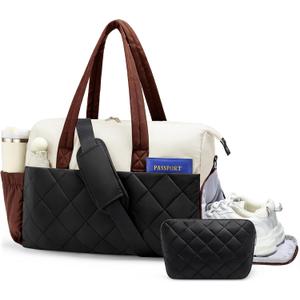 Gym Bag for Women with Shoe Compartment, 2-PC Lightweight Puffer Weekender Duffle with Wet Pocket, Quilted Carry on Travel Bag for Overnight Dance Hospital, Water Resistant, Brown