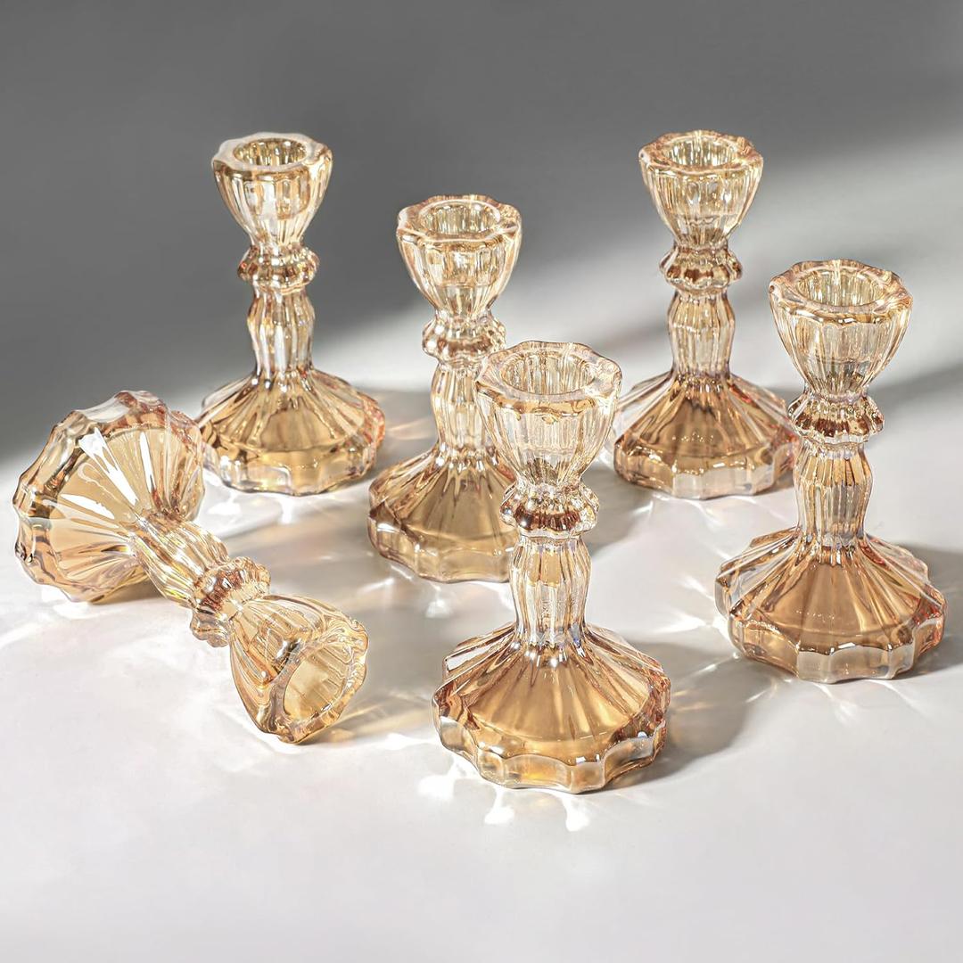 Gold Glass Candlestick Set of 6 Clear Crystal Glass Candle Holders Taper Holder Decor for Wedding Birthday Party