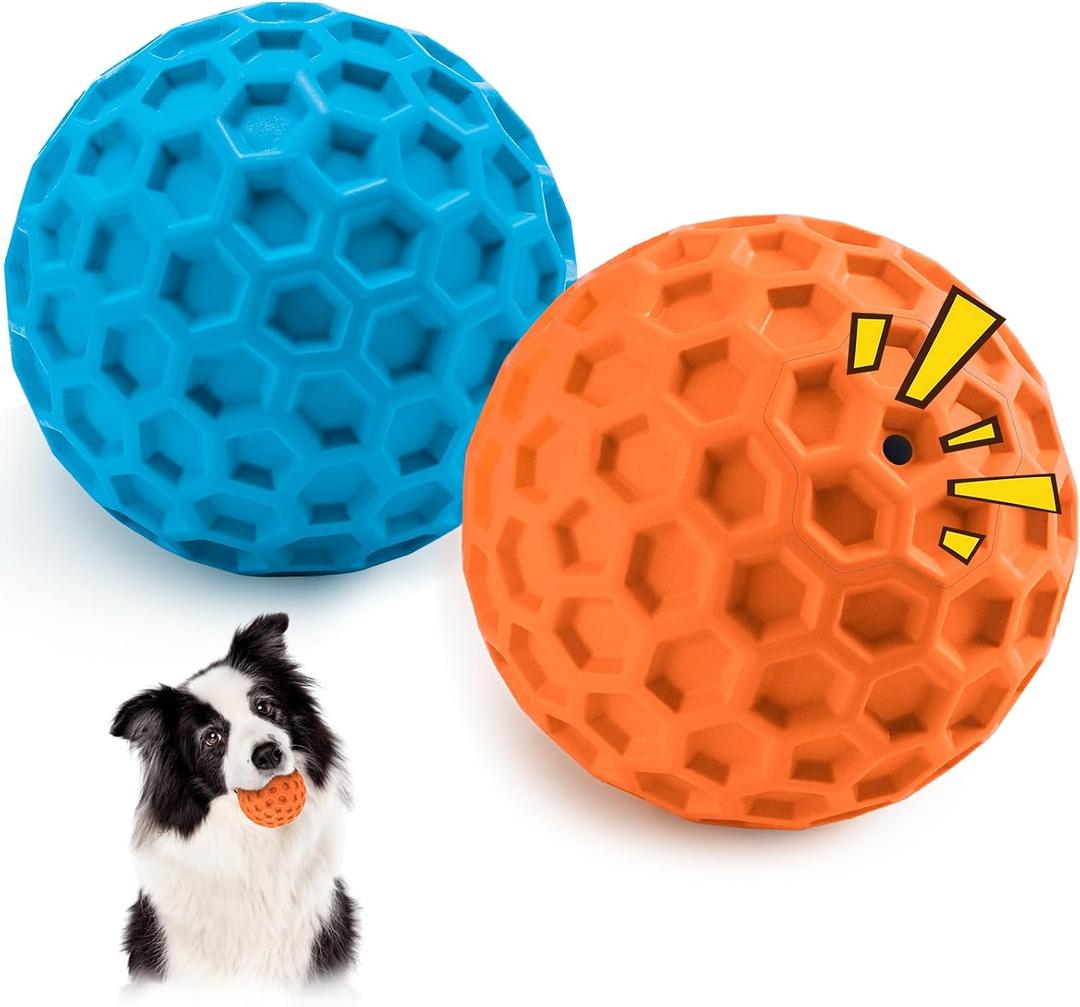 HIPPIH Indestructible Squeaky Dog Toys, Interactive Dog Balls 2 Pack, Chew Toys for Aggressive Chewers, Natural Rubber Puppy Toy for Large/Medium Dogs, Tough Puppy Teething Toy, Relieve Anxiety (3.15inch+3.15inch, Blue+Orange)