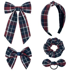 DEEKA 5 Styles Uniform Plaid Long Tail Hair Bows Knotted Headband Scrunchies Bow Set Alligator Clips Back to School Accessories for Toddler Little School Girls (Dark Navy & Red 5 Styles)