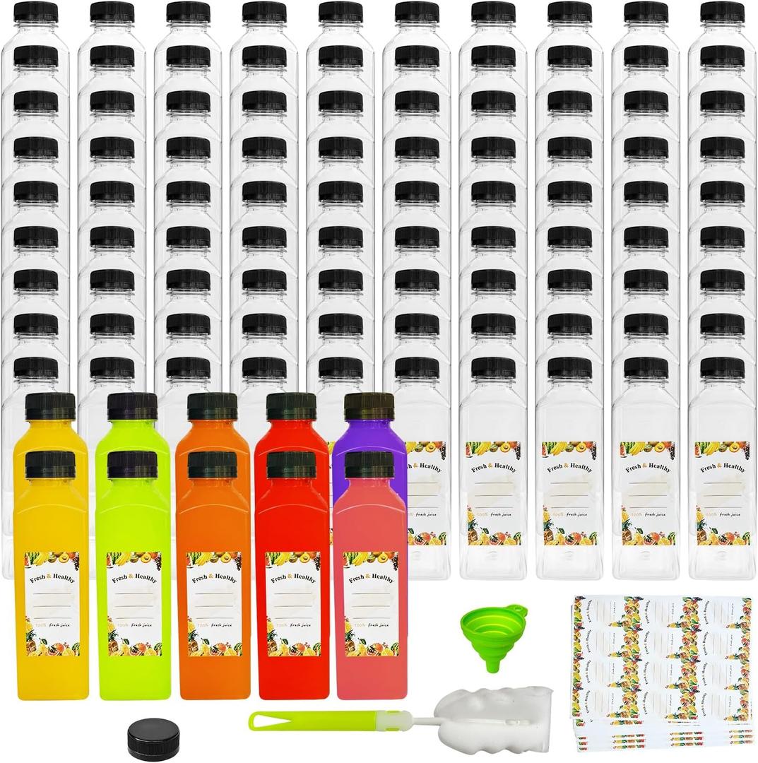 100pcs 16 oz Plastic bottles with lids,Juice bottles with caps, Reusable Clear Bulk Beverage Containers for Juice, Milk and Other Beverages