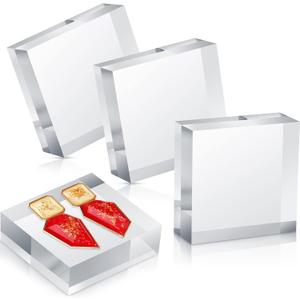 Remerry 4 Pieces 3 x 3 x 1 Acrylic Square Display Block Clear Polished Acrylic Cube Jewelry Stand Ring Showcase Display Holder Base