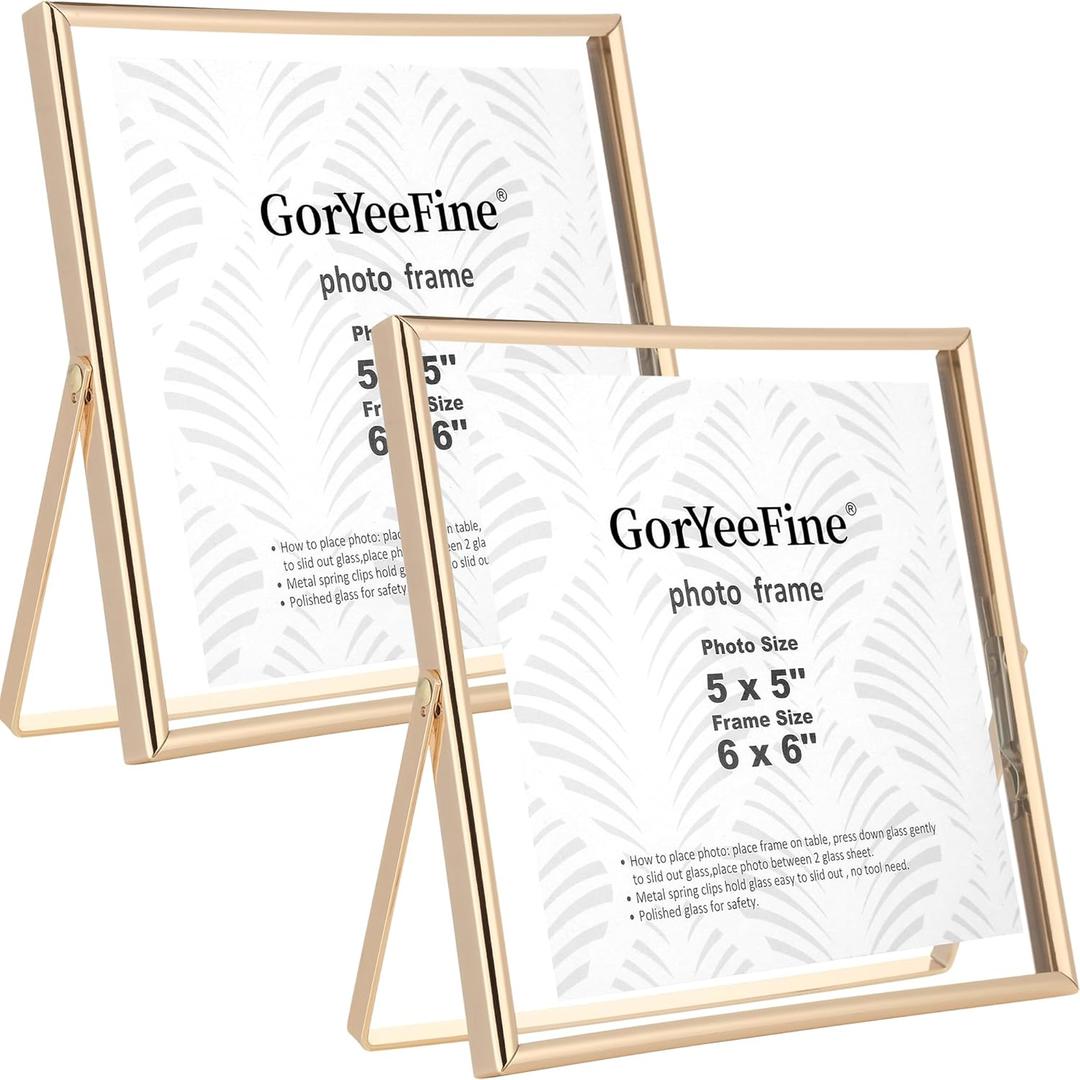 Gold 6x6'' Floating Frame Set of 2,For Photo Sizes(5x5'',4x4'' or 3x3''),Beautiful Metal Beaded Frames Adjustable Tabletop/Shelf Photo Frame,Classy Present Choice for Wedding,Birthday or Christmas Gift