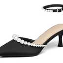 Coutgo Womens Pearl Kitten Heels Closed Pointed Toe Wedding Bride Dress Shoes Ankle Strap Satin Pumps, Black, Size 7