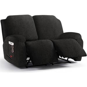 4 Pieces Stretch Recliner Loveseat Covers - Plush Fabric Slipcovers & Durable Furniture Protectors with Elastic Bottom for Kids and Pets (2 Seater, Black)