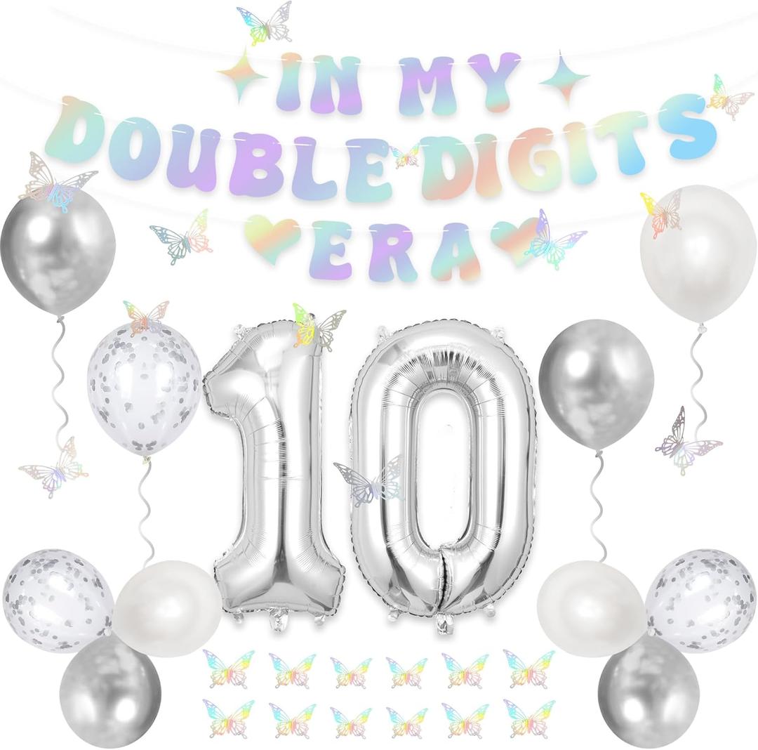 Holkcog 10th Birthday Decorations Silver, In My Double Digits Era Banner, Happy 10th Birthday Decorations for Girls Boys Double Digits Party Supplies Silver Number 10 Balloon Butterfly 10 Party