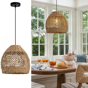 Boho Rattan Pendant Lights 13.8IN Farmhouse Dining Room Light Fixtures Hand-Woven Seagrass Chandelier Coastal Wicker Hanging Lighting for Kitchen Island Entry Living Room Bedroom Foyer Restaurant