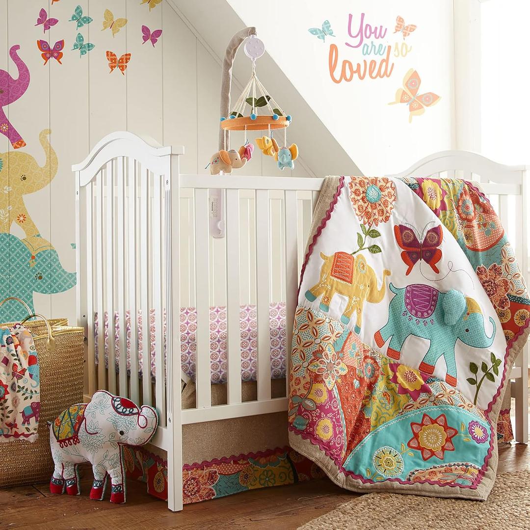 Levtex Baby - Zahara Crib Bed Set - Baby Nursery Set - Orange, Teal, Yellow, Red, Fuchsia - Boho Elephant - 5 Piece Set Includes Quilt, Fitted Sheet, Diaper Stacker, Wall Decal & Skirt/Dust Ruffle