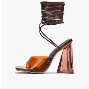 Cape Robbin Women's Lace-Up Strappy Heeled Sandals - Square Open Toe High Heels for Party, Wedding, Dress Shoes - Elegant Transparent Design (Swag), 7