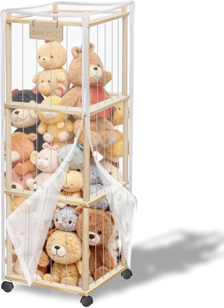 yofit 56" Stuffed Animal Storage Organizer with Wheels, Plush Storage Wooden ZOO with Removable Dust-Proof Cover for Playroom Bedroom Living Room Kids Room, 16 inches x 16 inches x 56 inches