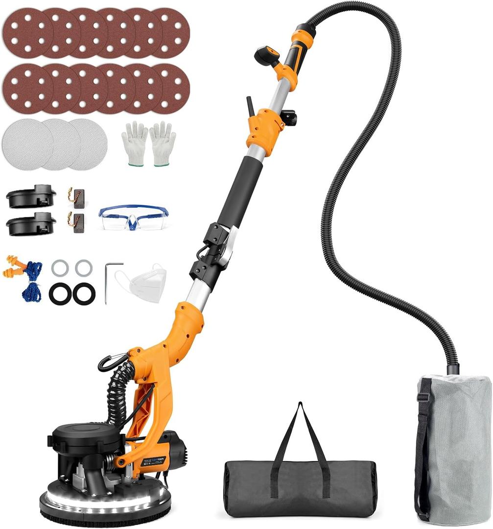 Electric Drywall Sander, 2200RPM Drywall Sander with Vacuum, 1000W Automatic Dust Collector with LED Light, Foldable Popcorn Ceiling Removal Tool with 6 Variable Speed &15Pcs Sanding Discs (Orange Yellow)