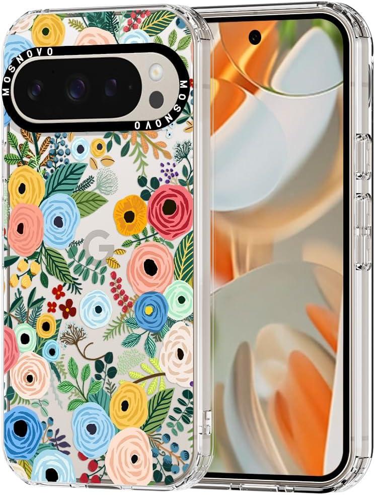 MOSNOVO Case for Google Pixel 9 Pro XL, [Buffertech 6.6ft Military-Grade Drop Protection] [Anti Peel Off Tech] Clear TPU Bumper Phone Case Cover Design - Pastel Floral Garden