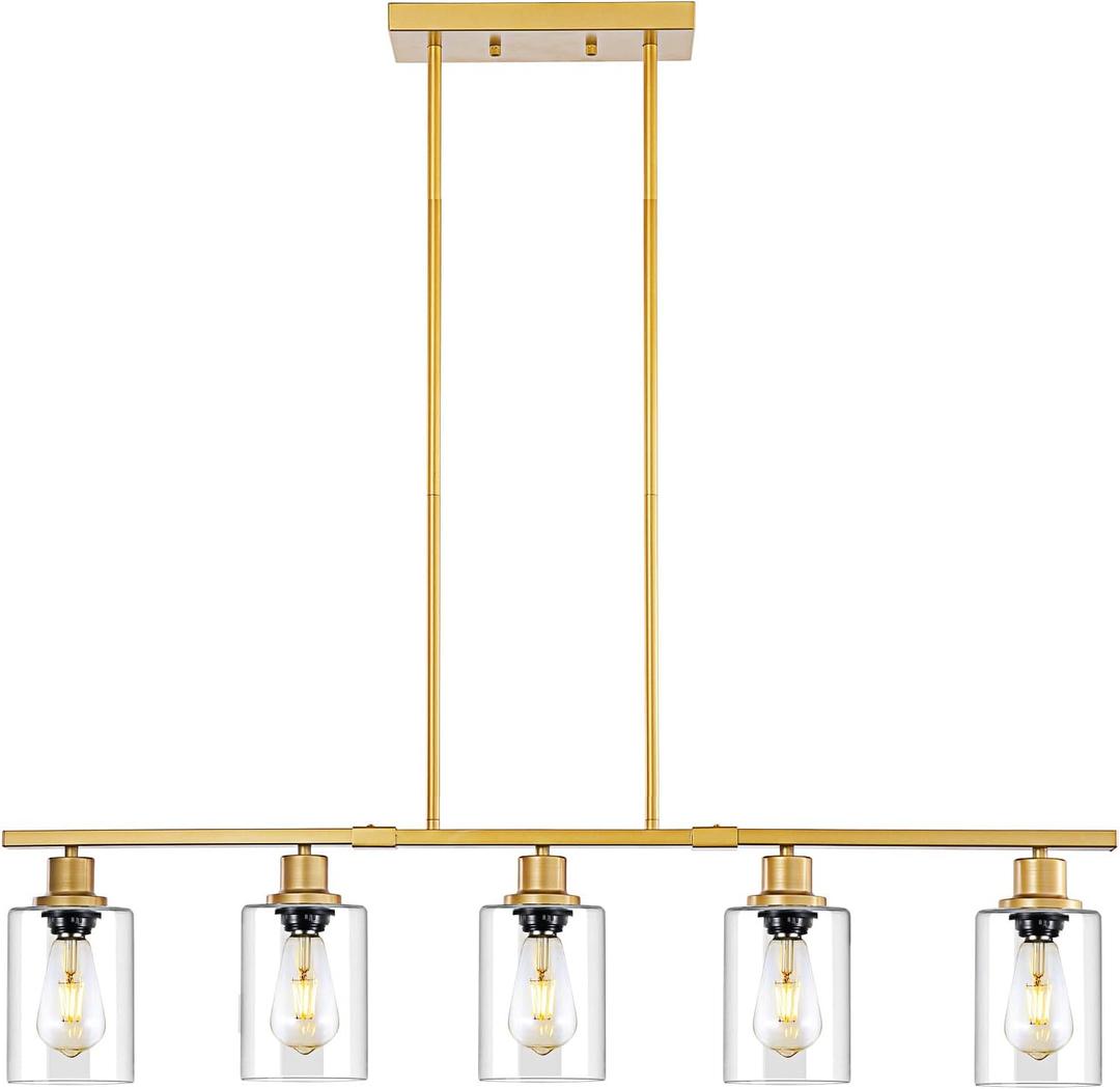 3WWWUEE 39.4" Kitchen Island Lighting, 5 Lights Clear Glass Pendant Light Fixtue, Golden Linear Metal Chandelier for Dining&Living Room Foyer,Height Adjustable,E26 Socket