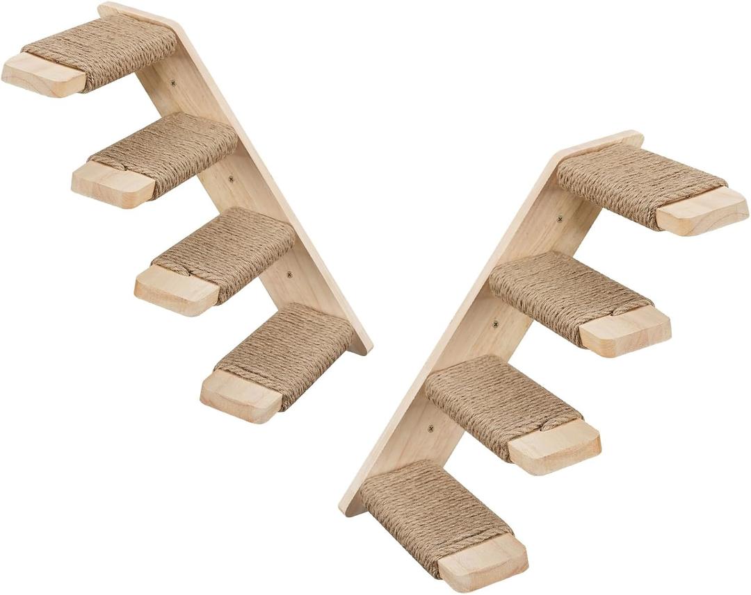HOOBRO Cat Wall Shelves Set of 2, Wood Wall Mounted 4-Level Cat Wall Steps, Cat Wall Climber Furniture, Cat Climbing Shelves with Jute Scratching Steps, for Cat Perches and Platforms, Nature NL42CS03