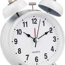 Bernhard Products Analog Alarm Clock Extra Loud Twin Bells Retro White 4 Inch Silent Non-Ticking Quartz Battery Operated with Backlight, Decorative Bedside Table Desk Vintage Clocks for Heavy Sleepers