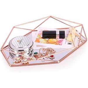 Decorative Tray Mirrored Metal Ornate Vanity Jewelry Cosmetic Table Organizer Storage Geometric Prisma Tray Desk Countertop Decor Gift Nordic Simple Style (Rose Gold)
