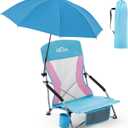Homcosan Portable Low Folding Beach Chair with Detachable Umbrella - Lightweight Camping Chair for Adults with Cup Holder & Storage Pocket, Carry Bag Included (Blue & Pink), 1 Pack