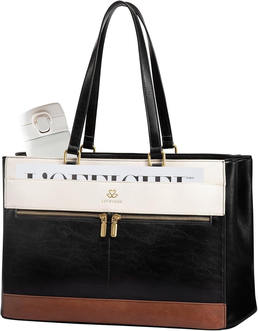 LOVEVOOK Laptop Bag for Women,15.6 Inch Vintage Work Tote Bags for Women,Leather Teacher Bag,Large Handbag Computer Briefcase (Black/White/Brown)