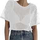 SHENHE Women's Striped See Through Mesh Crew Neck Short Sleeve Sheer Sexy Tee Top White Medium