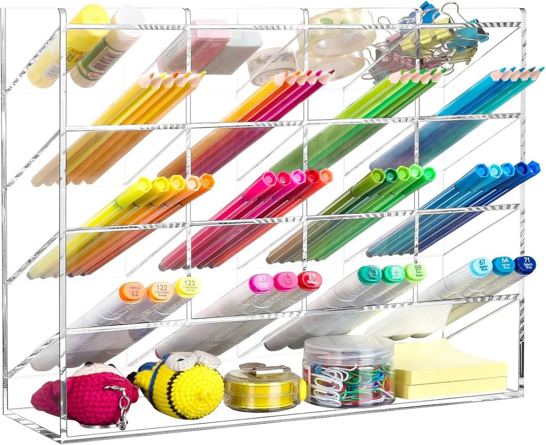 BEYGORM Acrylic Vertical Marker Organizer for 200 Markers, Angled Pen Holders Desktop Organization, Clear Large Stationary Pencil Holder for Desk, Art Supply Storage Organizers for School Supplie