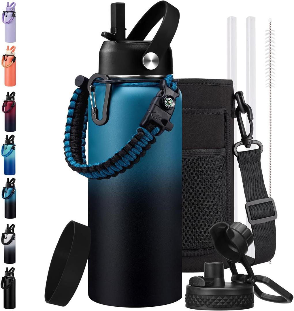 32/40/64/128oz Water Bottle with Straw Auto Spout Lid Keep Cold 48h, Insulated Thermos Water Bottles 32 oz with Strap Carrier, Protective Boot & Paracord Handle (Indigo Black)