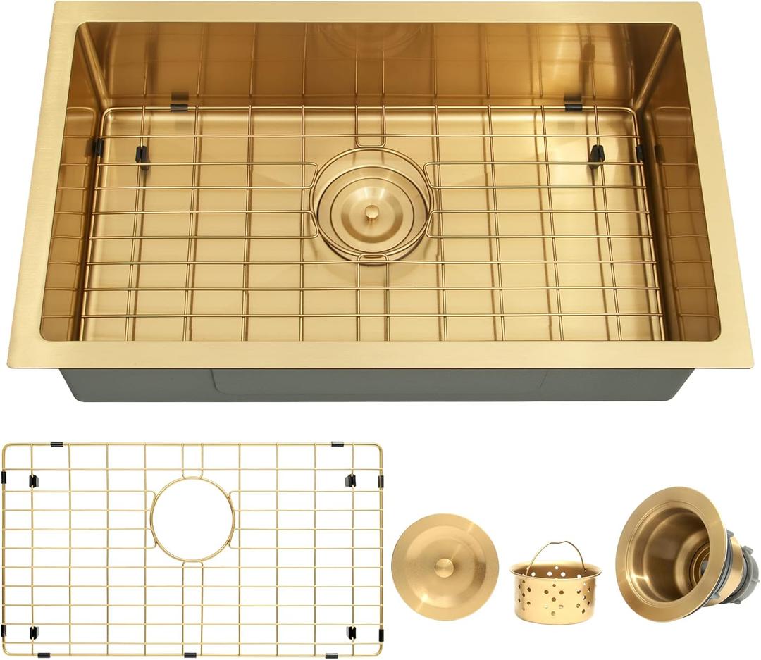 MILOSEN Gold RV Kitchen Sink, Small Single Bowl Outdoor Sinks, 25×15 inch Stainless Steel Undermount RV Sink with Gold Basket Strainer