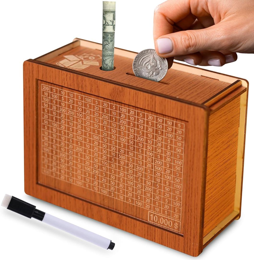 $10,000 Savings Challenge Box  Money Saving Organizer for Adults & Kids  Wooden Piggy Bank with Visual Tracker  Budgeting Gift for Financial Literacy & Goals (Large)