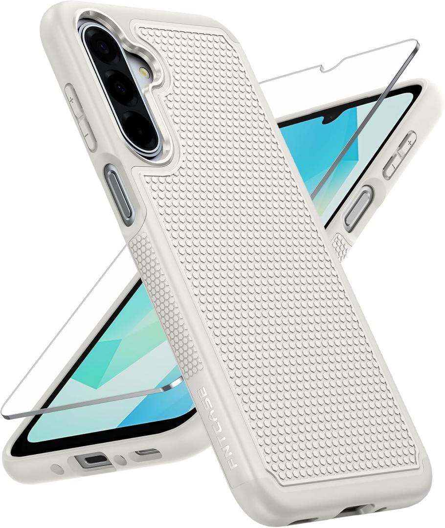 FNTCASE for Galaxy A17/A16 5G Phone Case - Samsung A17 Military Grade Drop Protection, 14ft Drop Tested, Screen Protector Included, Anti-Slip Textured, TPU+PC Dual Layer Shockproof Cover (Off-White)