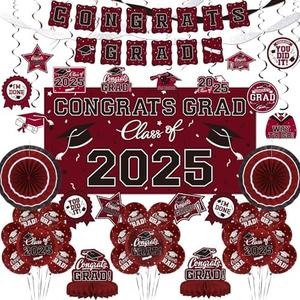 Maroon Themed 2025 Graduation Decorations Set - Congrats Grad Banner, Class of 2025 Backdrop, Balloons & Streamers Kit - Complete Party Supplies for High School & College Celebrations