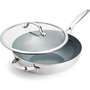 GreenPan Valencia Pro Tri-Ply Stainless Steel 12 Wok with Lid, PFAS-Free Ceramic Nonstick Coating, Induction Ready Cookware, All Cooktops, Dishwasher & Oven Safe to 600F