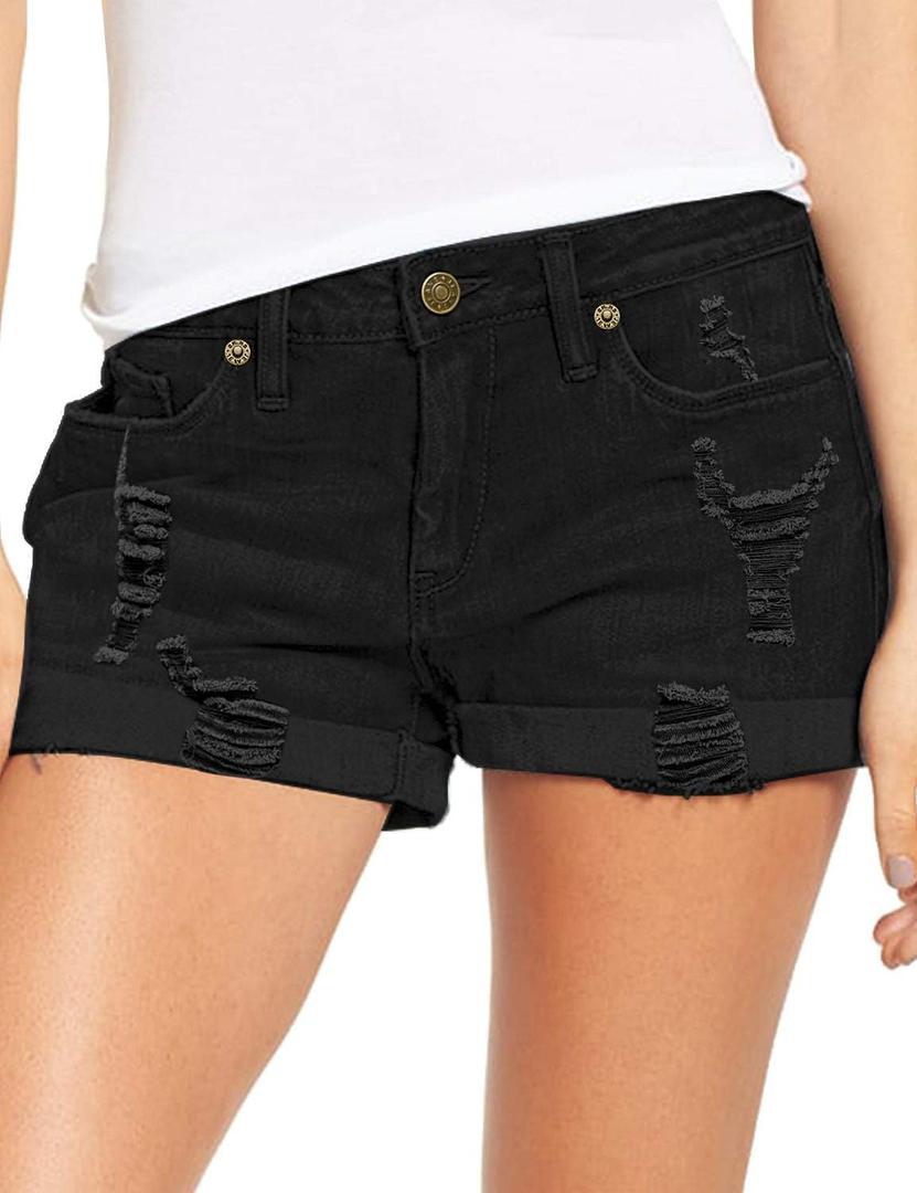 luvamia Women's Ripped Denim Jean Shorts High Waisted Stretchy Folded Hem Short Jeans (Black, S)