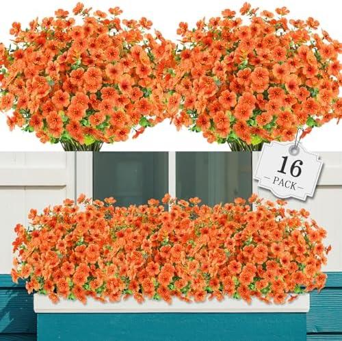 AGIRL 16 Bundles Artificial Fall Flowers Outdoor Indoor Decoration,No Fade Autumn Fake Plastic Plants with Eucalyptus Leaves,Faux Mums for Thanksgiving Garden Front Door Porch Patio Fall Decor
