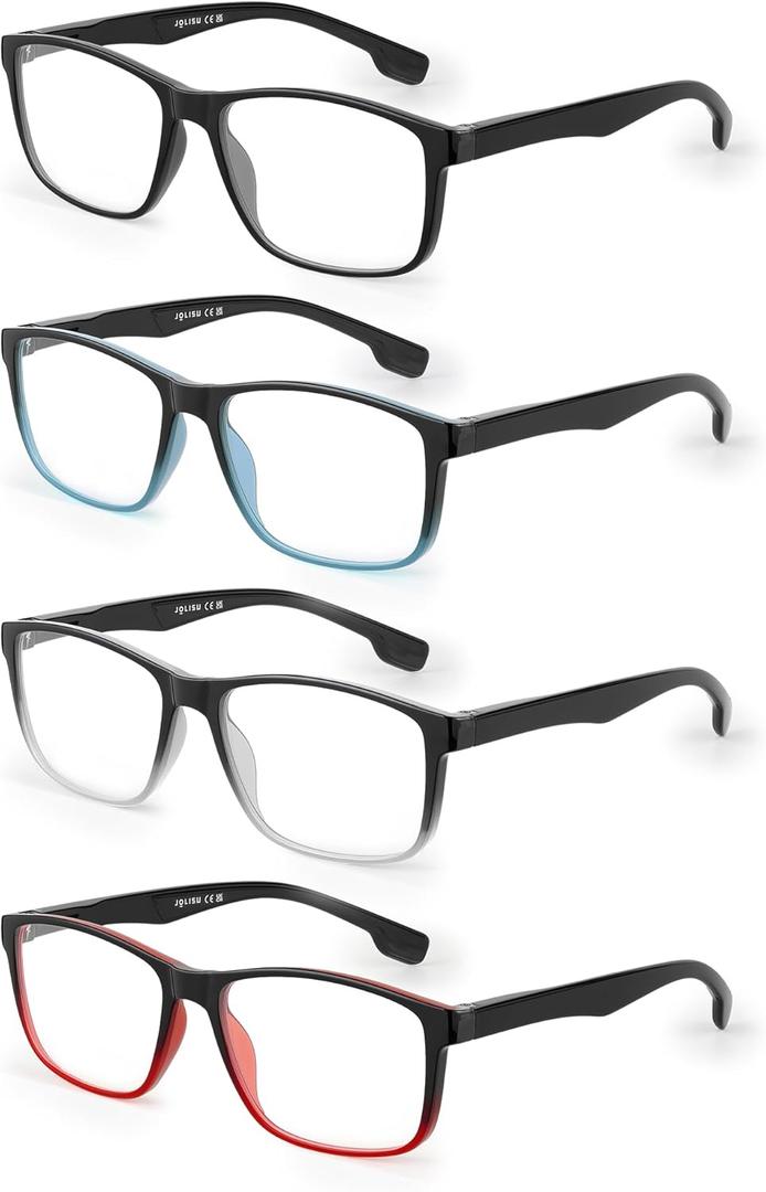 JOLISU 4 Pack Reading Glasses Men Blue Light Blocking with Spring Hinge, Anti Eyestrain/UV Large Wide Square Computer Readers (1.75x)