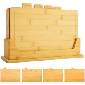 Bamboo Cutting Board Set for Kitchen, 4 PCS Kitchen Chopping Wood Boards with Deep Juice Grooves & Labeled, Serving Tray with Storage Base for Meat Fish Veg Bread, New Home Kitchen Essentials Gadgets