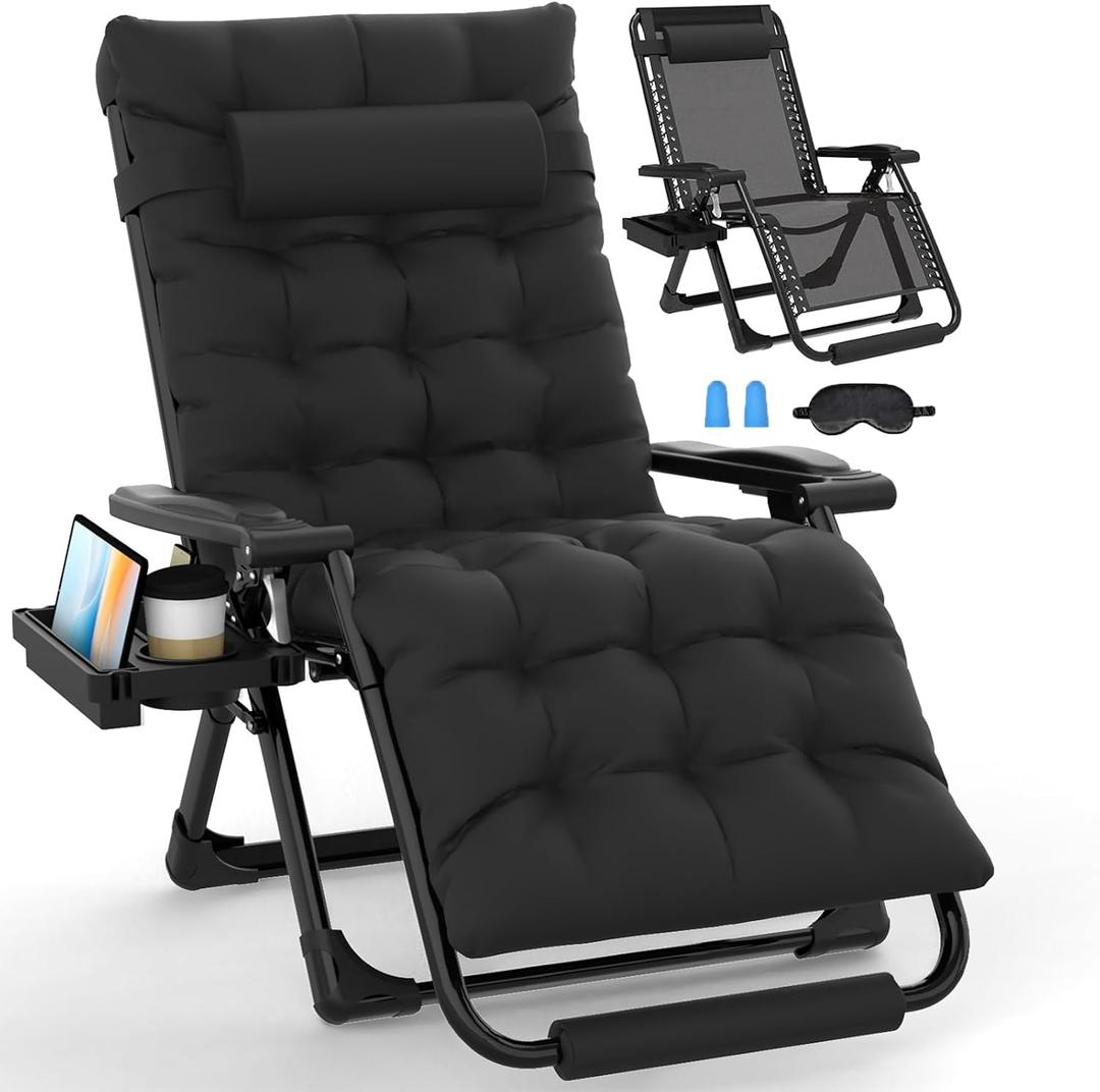 Slendor Oversized Zero Gravity Chairs XL, 29in Padded Recliner Chair, Black, 29in x 20in x 45in