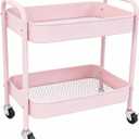 Pink 2 Tier Rolling Cart Metal with Wheels Under Desk Storage Cart for Small Space Organization, Small Trolley for Pantry Room Laundry Bathroom Kitchen Office Art Snack Baby Supplies