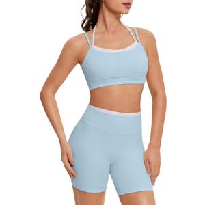 OMKAGI Workout Sets for Women Cute Doubel Layer Open Back Sports Bras Gym Shorts Outfits (Medium, Baby Blue)
