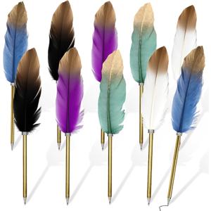Feather Pens Quill Bulk Black Ink, 10 Pack 5 Colors Assorted Cool Vintage Feather Ballpoint Pen for Writing, Office Guest Signature, Party or Bridal Shower Favors Calligraphy Set