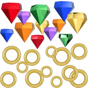 24 Pcs Gold Round Power Rings Paper Diamond Gems Set 12pcs 4" 6" 8" Gold Glitter Rings 12pcs Colorful Power Gems Hedgehog Party Favor for Birthday Movie Cartoon Themed Party Supplies
