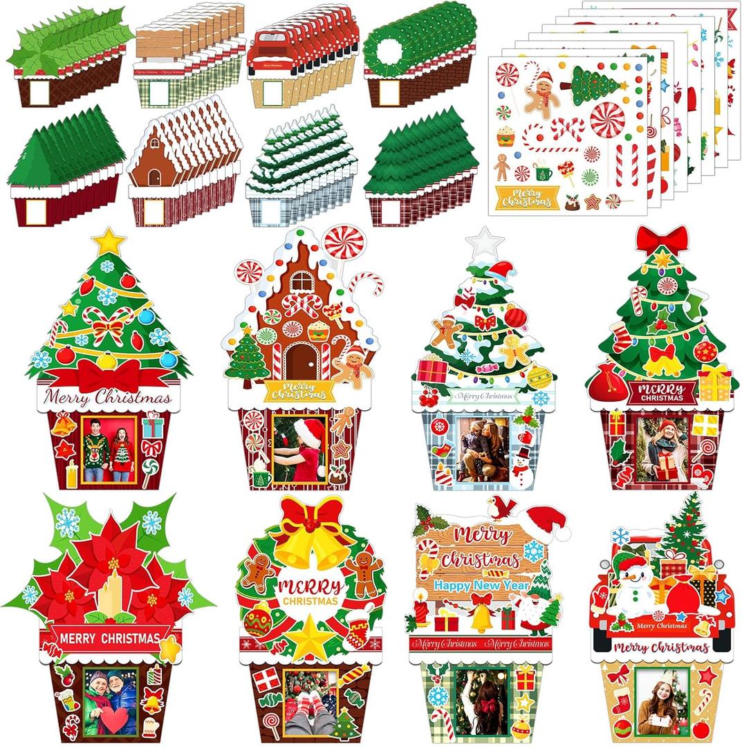 48 Set Christmas Picture Frame Craft Kit DIY Paper Holiday Christmas Crafts Bulk Xmas Tree Flower Pot Gingerbread Stickers for Xmas Party Decorations Classroom Art Project Home Activities