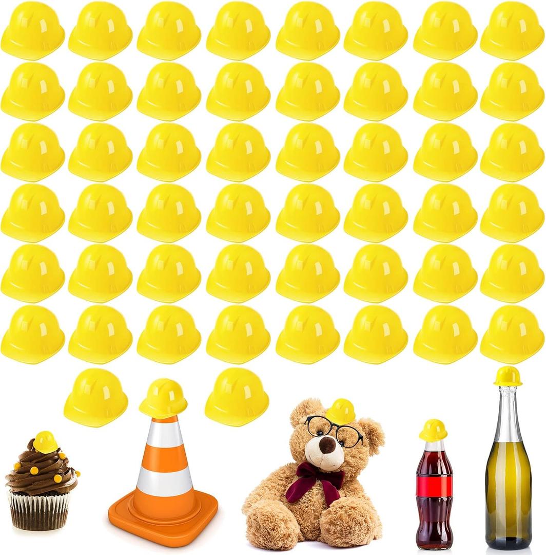 Sratte 50 Pcs Miniature Construction Hat Mini Construction Toy Doll Hats Plastic Miniature Bottle Topper for Party (Yellow)