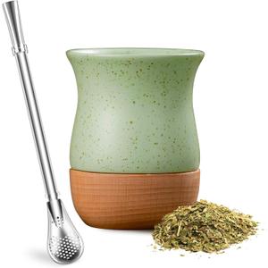 Yerba Mate Cup, 8 OZ Ceramic and Wood Gourd, Bombilla Straw and Cleaning Brush - Perfect for Traditional Preparation and Modern Style (Green)