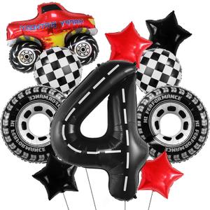 Truck Party Decorations  10PCS Truck Balloons Set with Tires, Stars, Checkered Patterns & Number 4 Foil Balloon for 4th Birthday Party Supplies