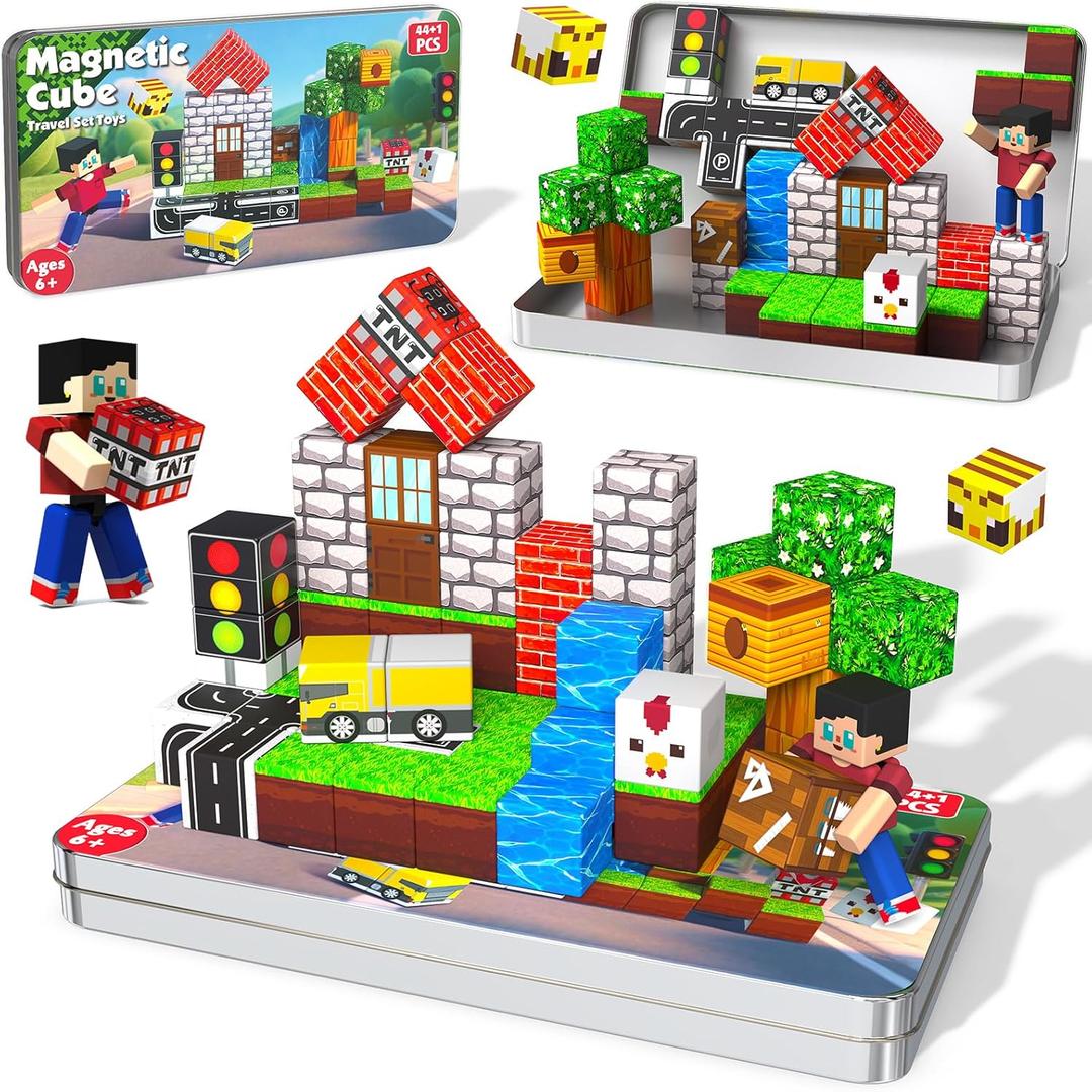 45 Pcs Travel Magnetic Blocks -Mini Magnetic Building Blocks for Kids Ages 4-8, Magnet Cubes Stacking Toys with Portable Metal Box, Easter Birthday Gift for 3+ Year Old Boys Girls