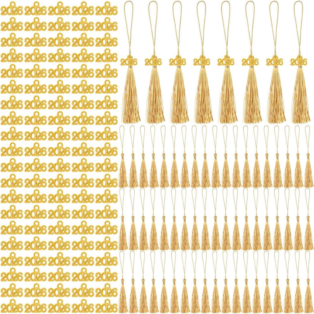 Cindeer 100 Pcs Mini Graduation Tassels with 100 Pcs 2026 Tassel Charms for Crafts Mini Silky Bookmark for Graduation Cap Keychain Ornaments DIY Craft Jewelry Making Project(Gold)