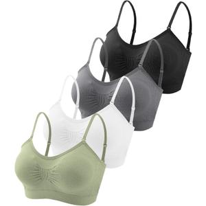 Omisy 4 Pieces V Neck Padded Bralette Cami Bra Wireless Tank Top Sports Bra with Adjustable Straps (Small, Black, White, Olive, Dark-grey)