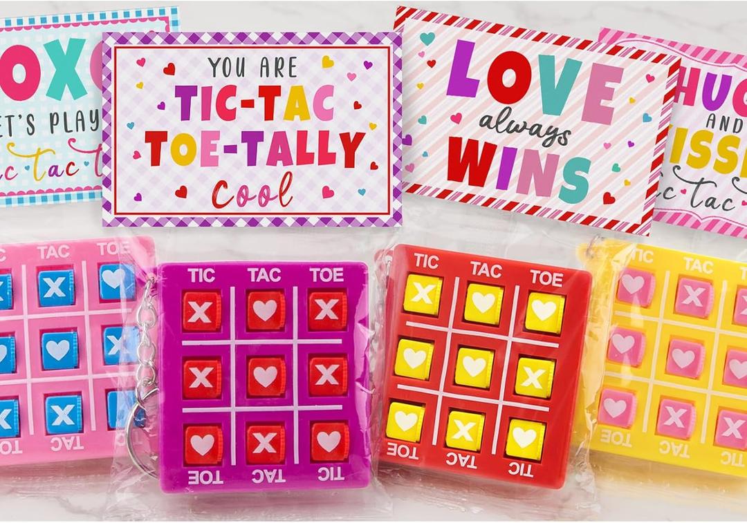 ORIENTAL CHERRY Valentines Day Gifts for Kids - 24 Pack Valentines Cards with Tic Tac Toe Keychains - Valentine Gift Exchange for School Class Classroom Party Favors Boys Girls