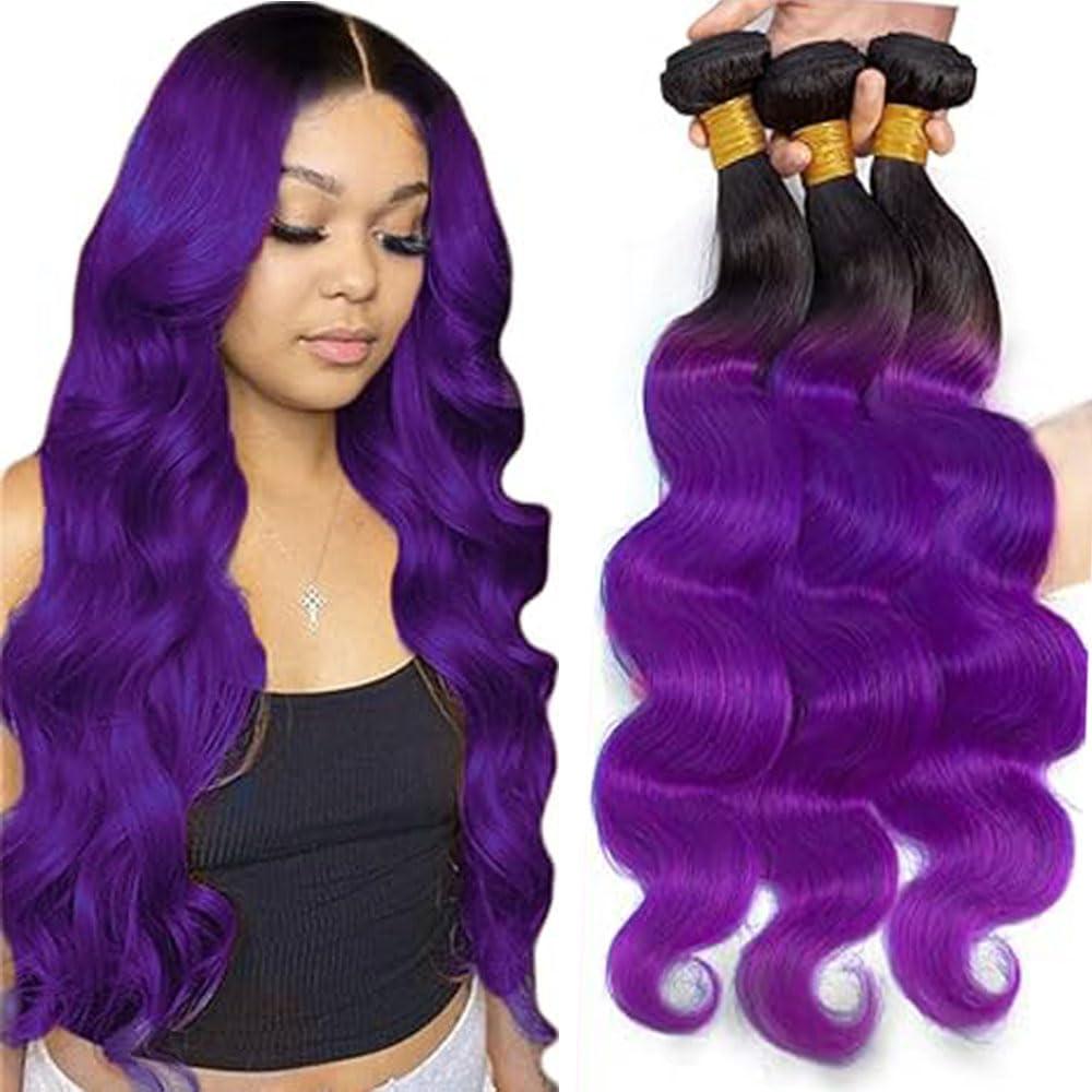 Ombre Purple Human Hair Bundles 18 20 22 Inch Body Wave T1B/Purple Bundles Human Hair 11A Brazilian Virgin Quick Weave Hair for Black Women