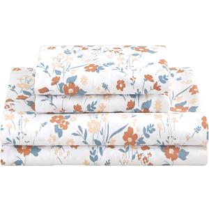Softan Floral Twin Size Sheet Set, Orange Flower Printed Bed Sheets for Girls, 3-Piece Microfiber Single Fitted Sheet with 15" Deep Pocket & Non-Slip Straps, Patterned Bedding Sheets & Pillowcase Set