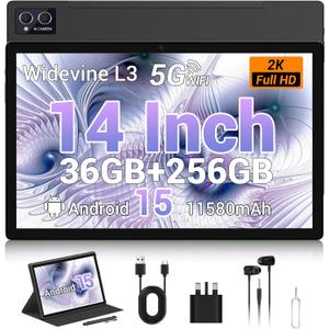 2025 14 Inch Android 15 Tablet with Stylus, 2K FHD Display, 36GB RAM 256GB ROM (1TB TF), 11580mAh Battery,MT6769 8-Core 2.0GHz,4 Speakers,8+13MP with Earphones, FM Radio, GPS, FCC/CE - Black